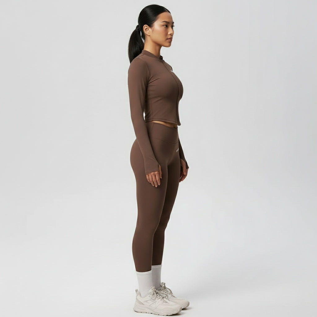 DEFY Brown Long Zipper Vest Co-ord Set