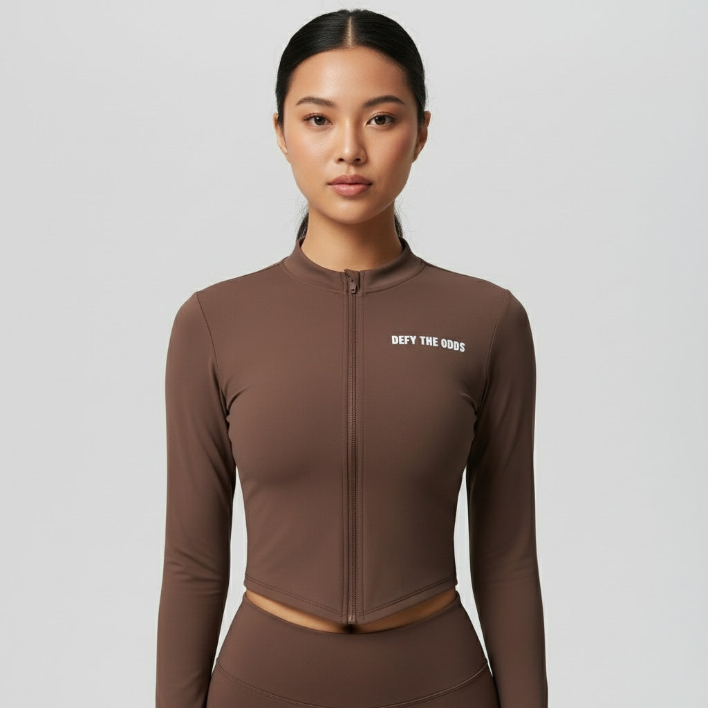 DEFY Brown Long Zipper Vest Co-ord Set