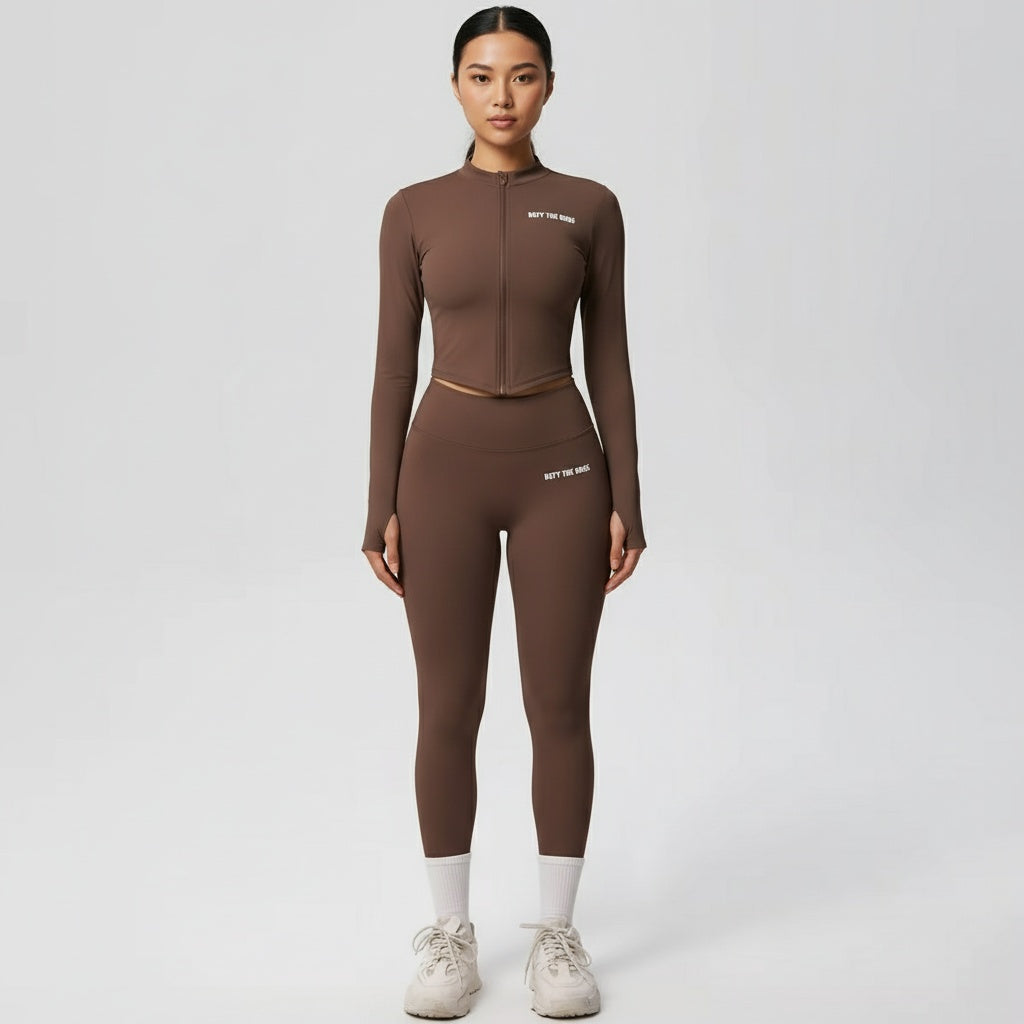 DEFY Brown Long Zipper Vest Co-ord Set